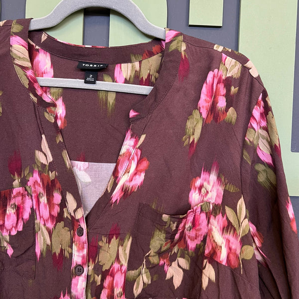 Torrid Floral V-Neck Button Down Blouse Size 2