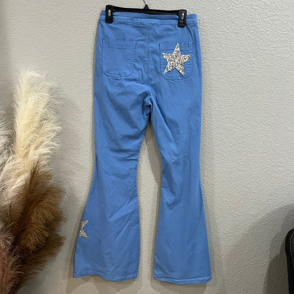 Judith March Sequin Star Print Patch Flare Jeans Size XL