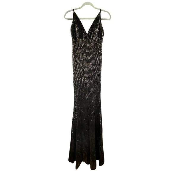Hello Molly Women's Black Sequin V-Neck Open Back Maxi Dress Size XS