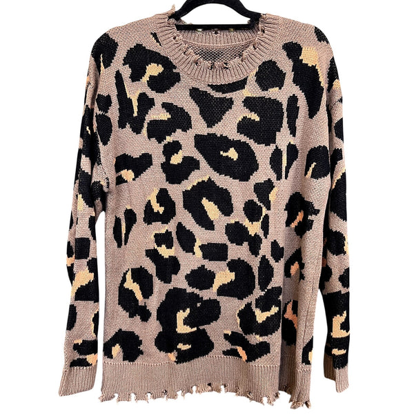 Women's Leopard Print Distressed Hem Sweater Size Small