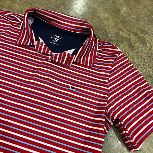 Crown & Ivy Boys Red + Navy Striped Short Sleeve Polo Size Medium