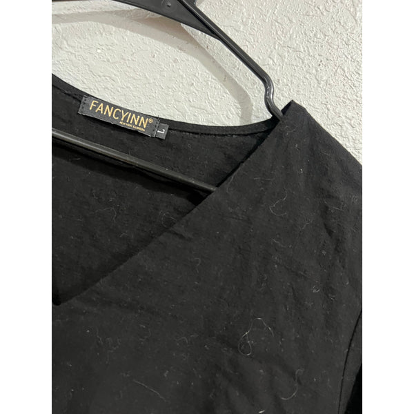 Women's Black Linen Style V-Neck Long Sleeve Babydoll Dress Large