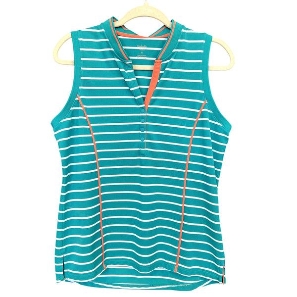 Rafaella Weekend Golf Striped Turquoise + Orange V-Neck Polo Top Size Medium
