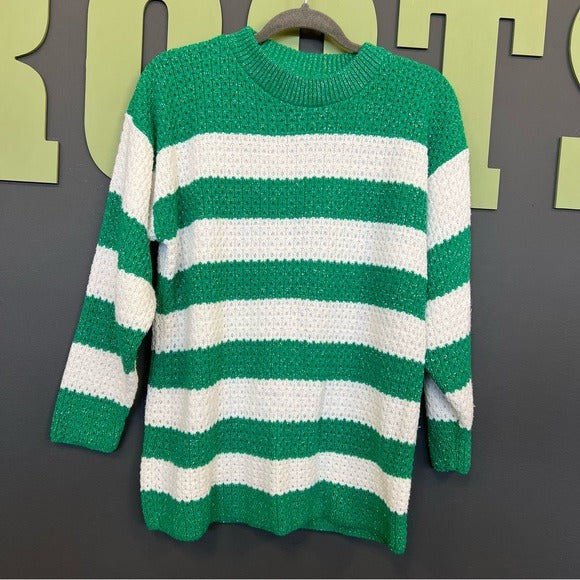 Women’s Green + White Striped Silver Sparkle Sweater Size Large