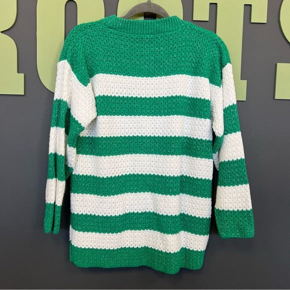 Women’s Green + White Striped Silver Sparkle Sweater Size Large