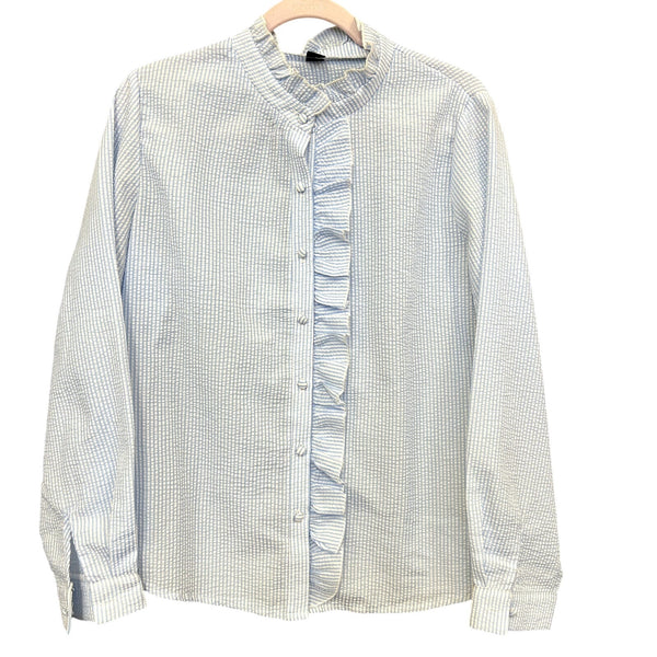 Women's Light Blue Seersucker Ruffle Button Down Top Size Large