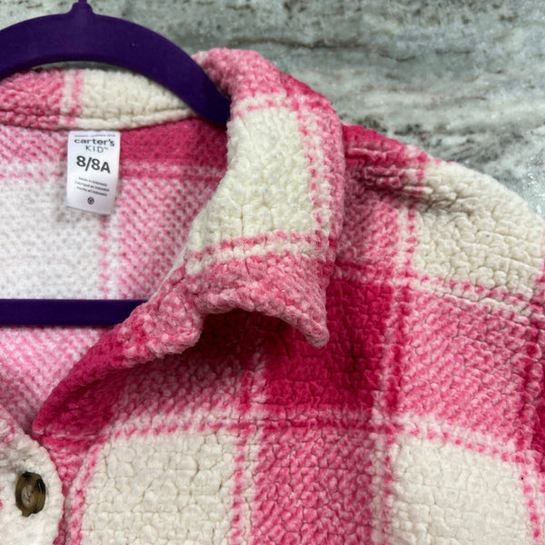 Carter's Kids Pink + White Plaid Sherpa Button Down Jacket Size 8