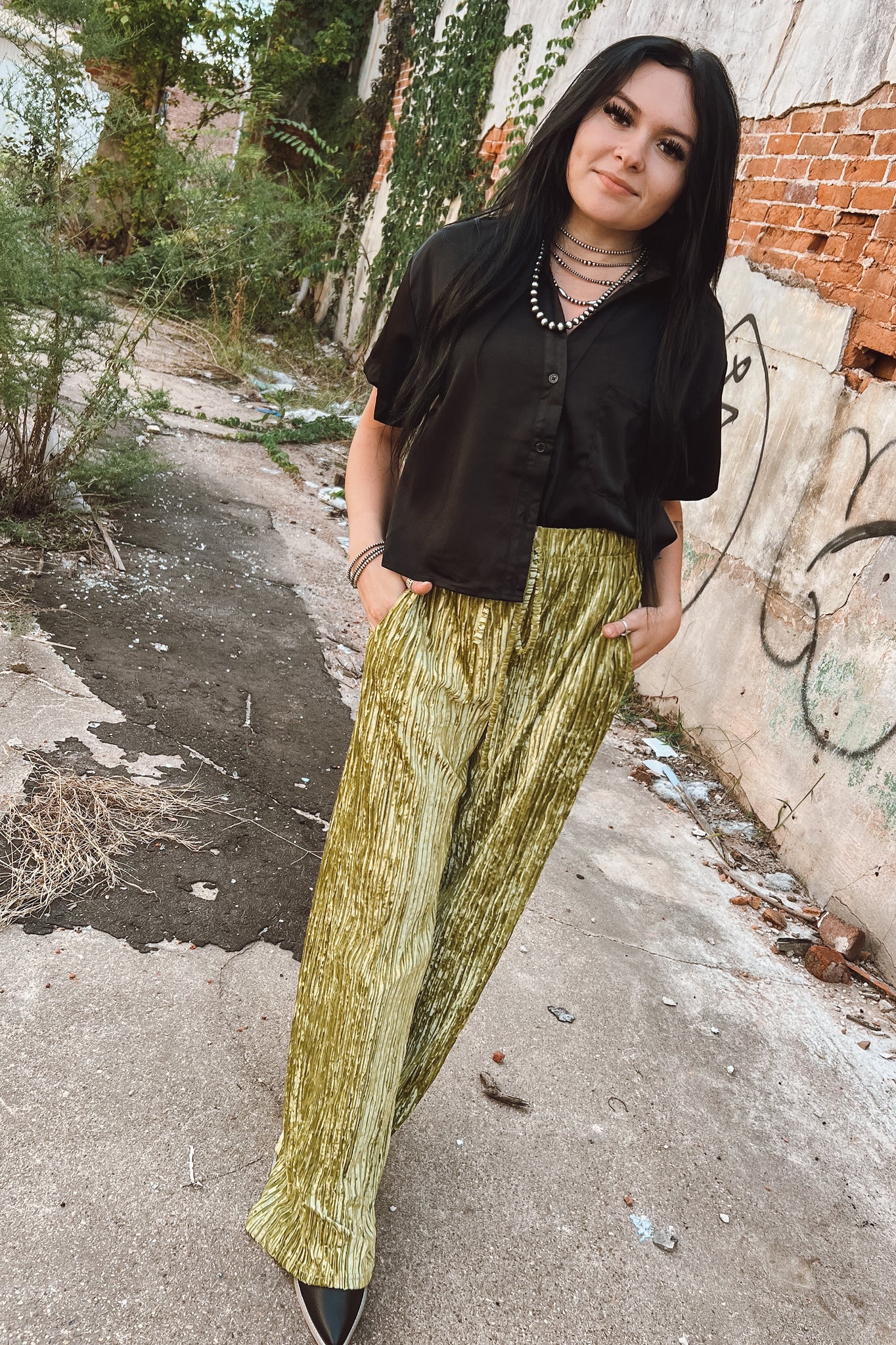 Black Satin Button Down Crop Tee