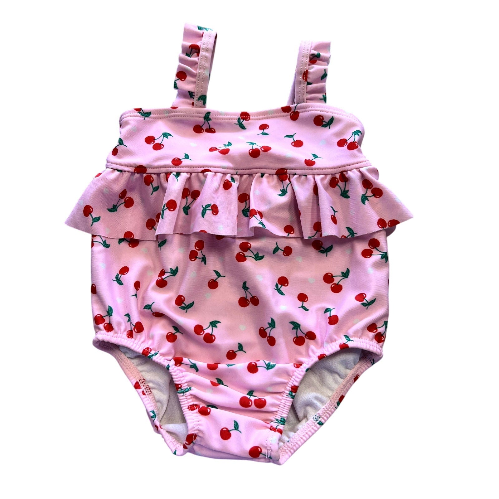 Baby Girls One Piece Pink Swimsuit Cherry Ruffle Size 6-9 Mo