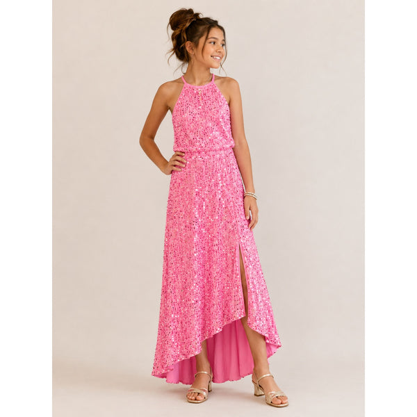 Girls Pink Sequin Halter Formal Dress Size 11