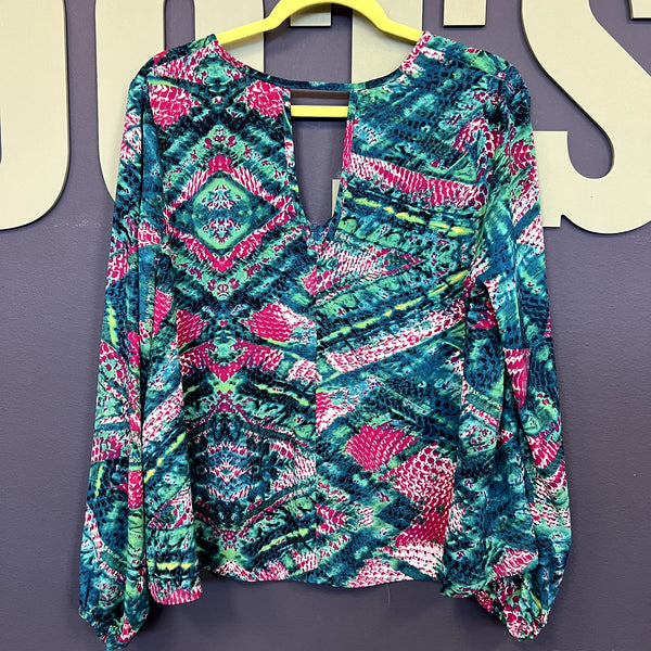 Buddy Love Geometric V-Neck Boho Teal + Pink Blouse Medium