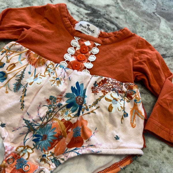 Marie Nicole Girls Orange Henley + Floral One Piece Romper Size 0-3 Mo