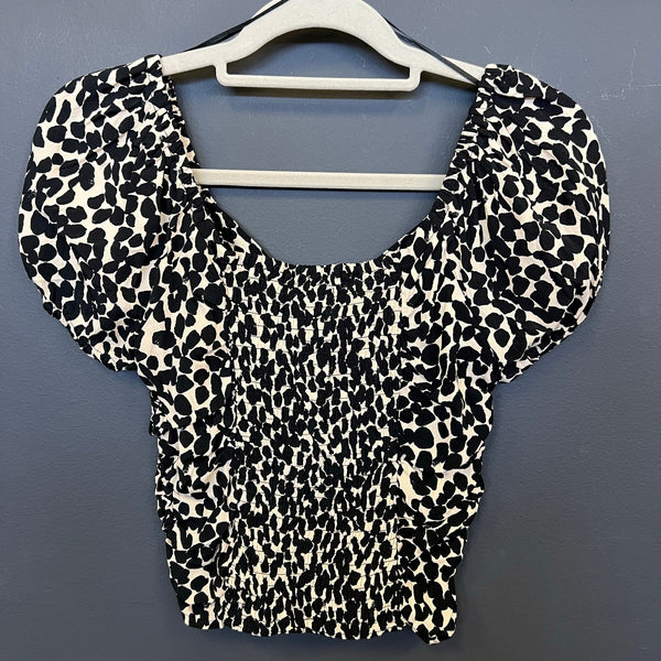 NWT H & M Leopard Ruched Front Bubble Sleeve Smocked Top Small