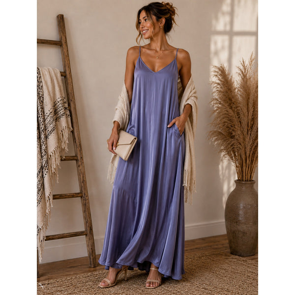 Van Winkle & Co. Solid Satin Indigo Maxi Chemise Medium