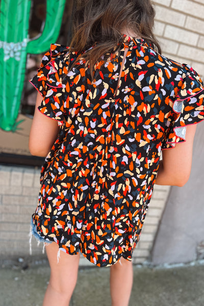 Black Brushstroke Ruffle Sleeve Top