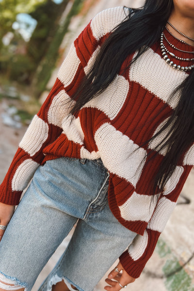 Cream + Burgundy Chunky Checkered Sweater