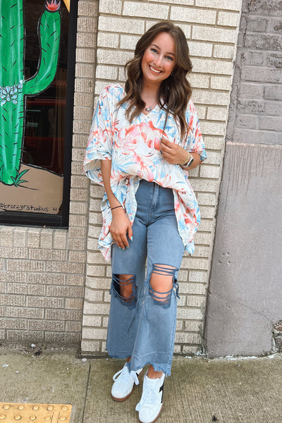 Ivory Tropical Oversized V-Neck Blouse