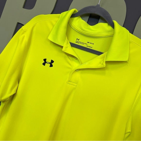 UA Under Armour Neon Yellow Loose Fit HeatGear Collared Polo Top Size Medium