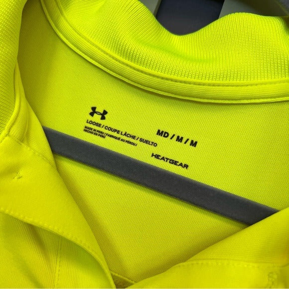 UA Under Armour Neon Yellow Loose Fit HeatGear Collared Polo Top Size Medium