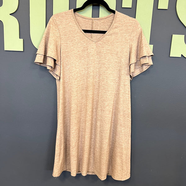 Women's Tan V-Neck Ruffle Sleeve Dress Size Medium