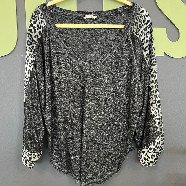 Women's Boutique Charcoal + Leopard V-Neck Blouse