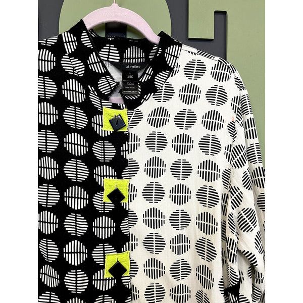 Ali Miles Woven Crinkle Black + White Abstract Print Blouse Size Large
