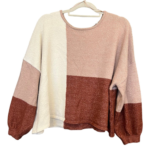 Blu Pepper Color Block Back Tie Bubble Sleeve Sweater Small/Med