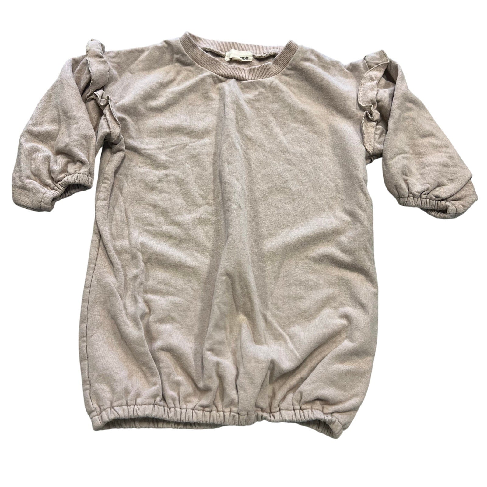 Greige. Girls Tan Long Sleeve Ruffle Sweater Dress 4T