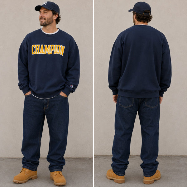 Champion Men's Navy Blue + Yellow Sweatshirt Size 2XL