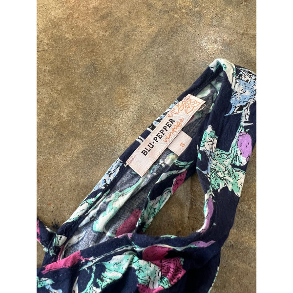 Blu Pepper Navy Floral Bohemian Long Tank Swim Cover Up Small