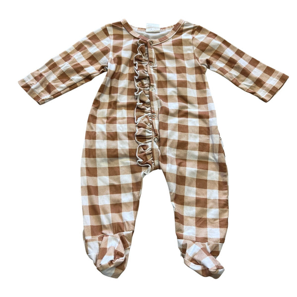 Tan Checkered Ruffle Footie Size 3 Months