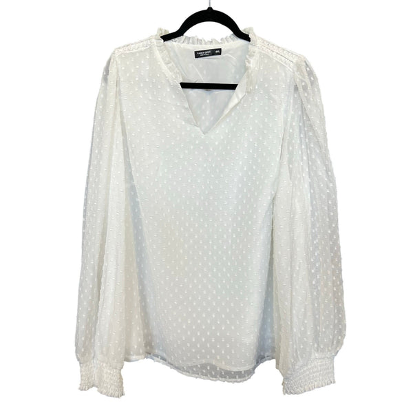 Women's White Sheer Swiss Dot Bubble Sleeve V-Neck Blouse 4XL