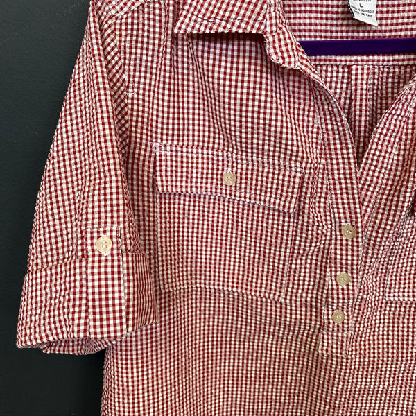 Cathy Daniels Red Gingham Seersucker Half Button Blouse Large