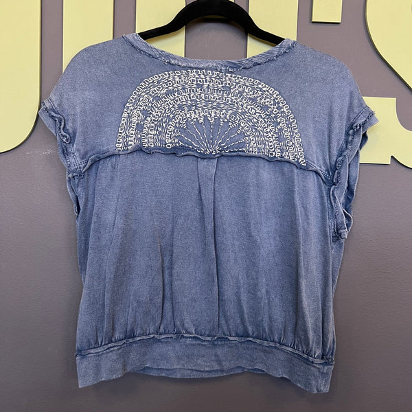 We the Free Denim Colored Cotton Raw Edge Open Front Bohemian Blouse Small