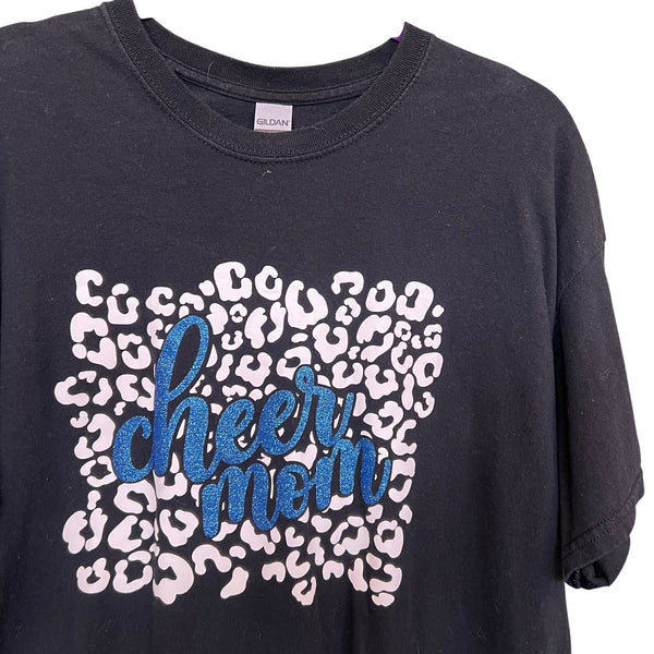 Cheer Mom Black Gildan Short Sleeve Graphic Tee White Leopard + Blue Glitter XL
