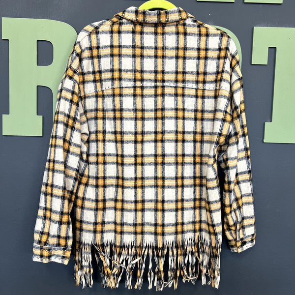 Dear John Plaid Fringed Button Down Shacket Small