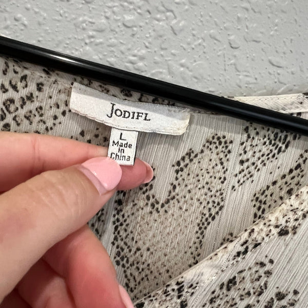 Jodifl Sheer Snake Print Sheer Shimmer Ruffle Sleeve Blouse Large