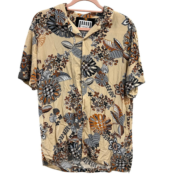 Ricky Singh Denim & Flower Floral Tan Button Down Top Medium