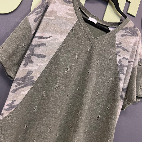 12PM Boutique Olive + Camo Distressed V-Neck Blouse Large