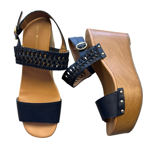 Tommy Hilfiger Black Strappy Wooden Wedge Heels Size 9