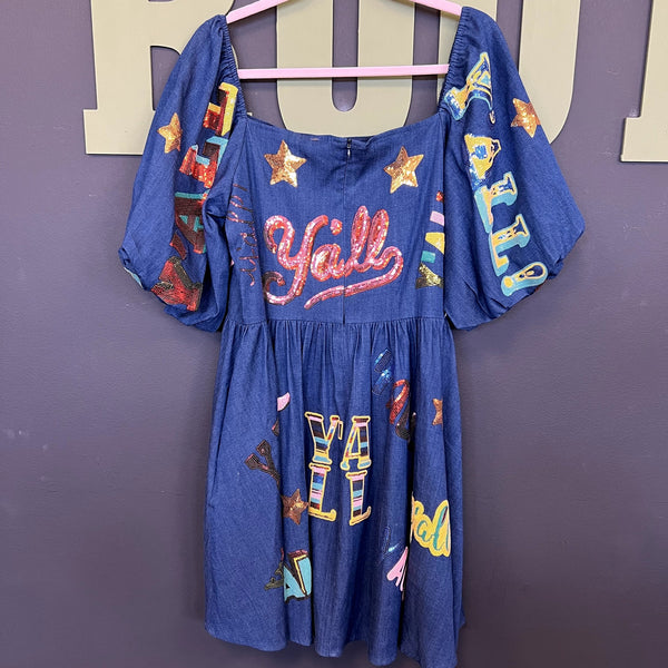 NWT $235 Rare Queen of Sparkles Y'all Sequin Denim Dress Size Large