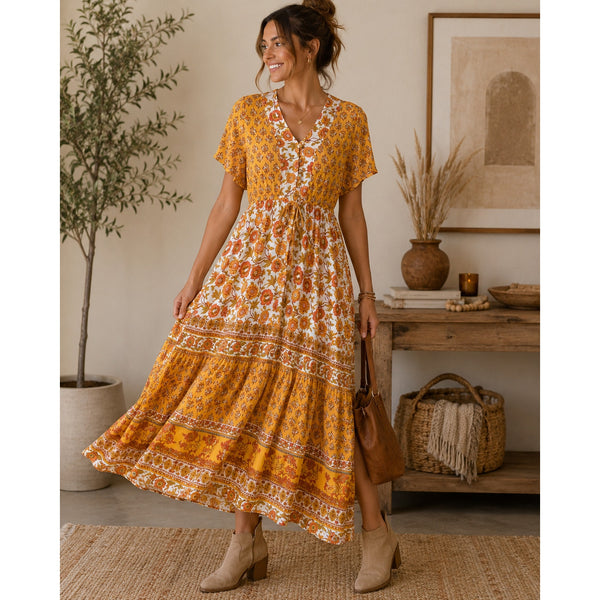 Women's Mustard Floral Maxi Dress Size Small