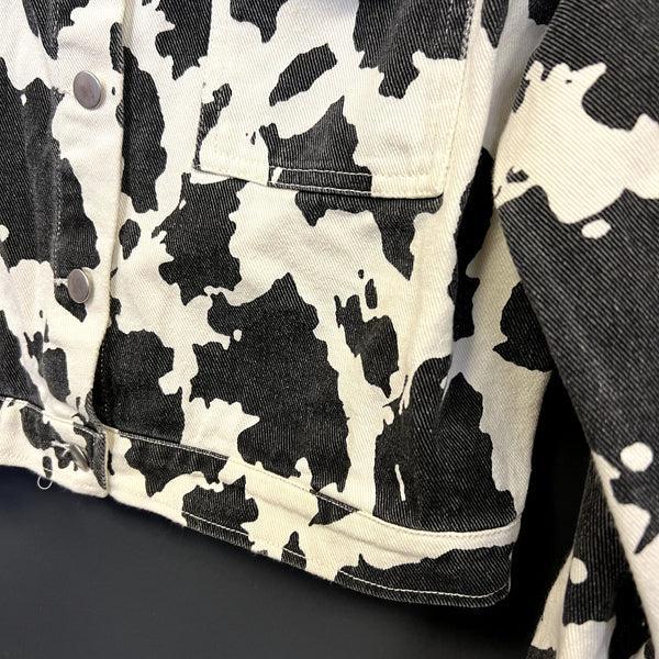 Le Lis Cow Print Denim Button Down Jacket Size Small