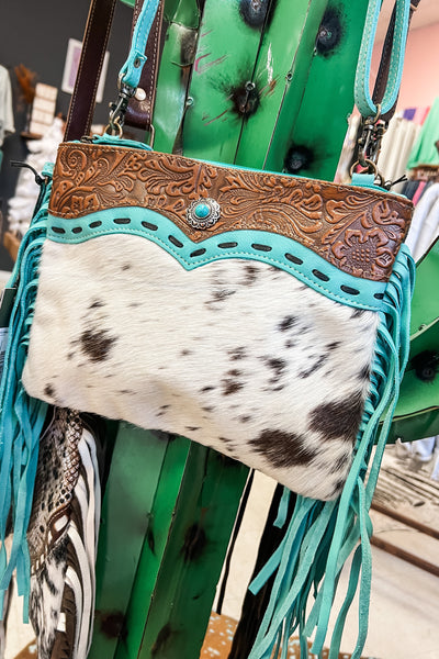 Turquoise Fringe Cowhide Crossbody