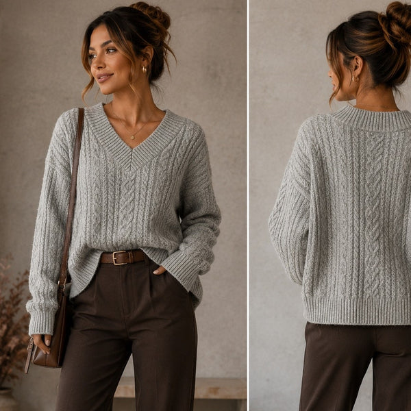 The Refinery Gray Chunky Cable Knit V-Neck Sweater Size Small