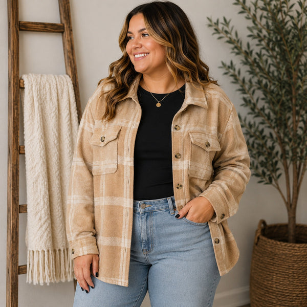NWT Sonoma Light Tan Plaid Heavyweight Shacket Size Medium