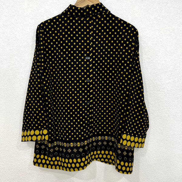 Ali Miles Black + Mustard Mixed Print Button Front Tunic Blouse Large