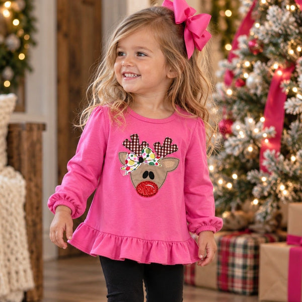 Giggle Box Embroidered Reindeer Pink Top Size 3