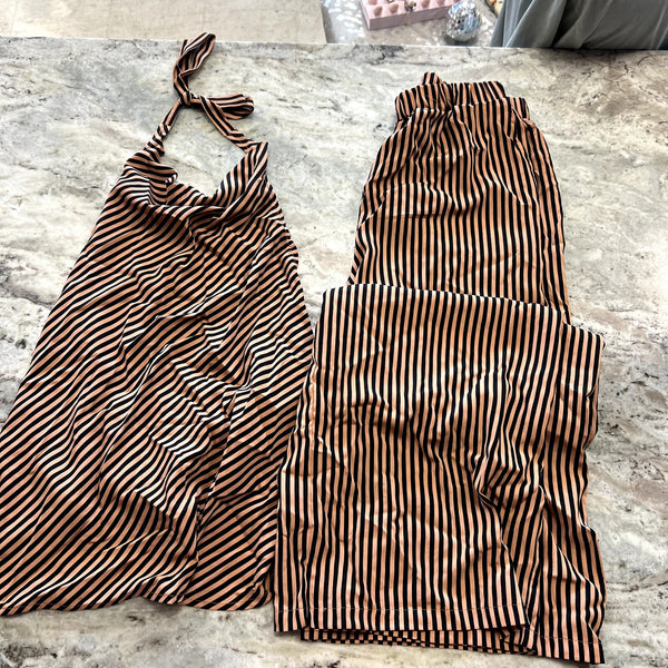 Women's Brown + Black Pinstripe Two Piece Set Size Large