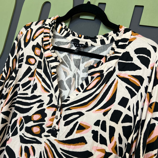 Tribal Ruffle V-Neck Animal Print Blouse Large